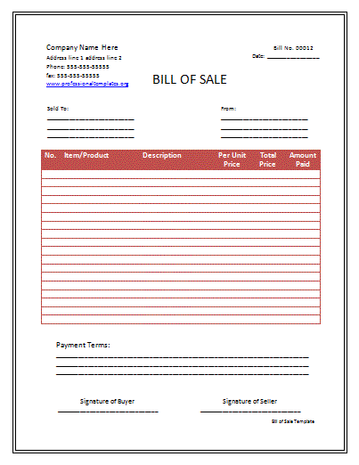 Bill Of Sale Template Professional Word Templates