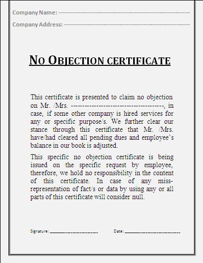 No Objection Certificate Template Professional Word Templates